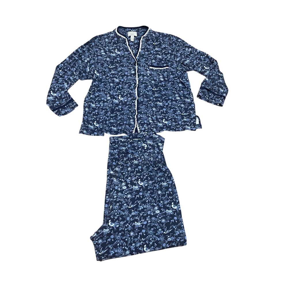 Charter Club Women's Lg Blue Floral Bird Cottage Cotton Pajama Long Sleeve Pants